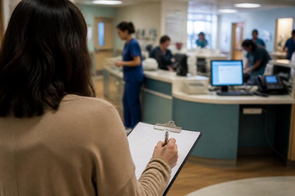 Observation du travail réel près d'un poste de soins